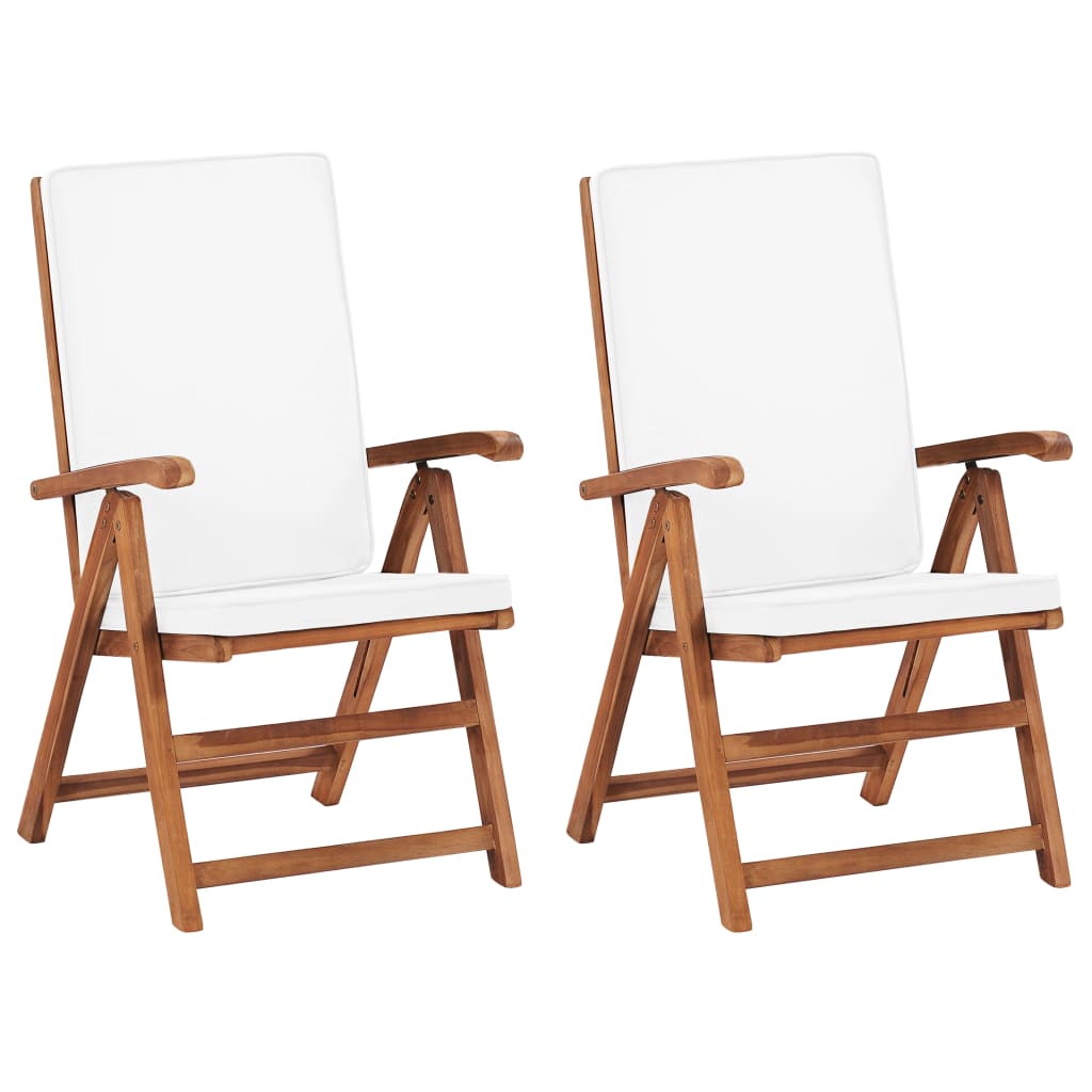 Tuinstoelen 2 st verstelbaar met kussens massief teakhout crème – afbeelding 1