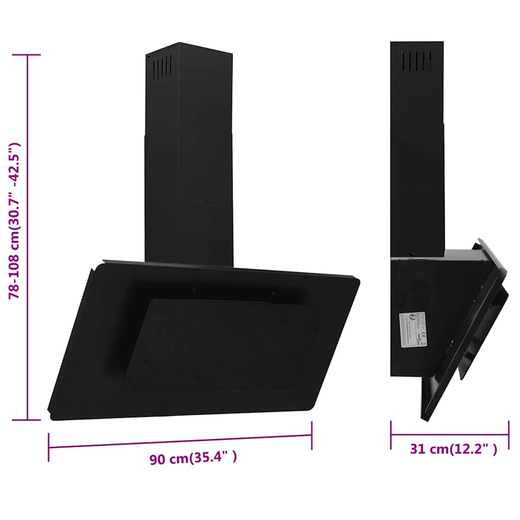 Wandafzuigkap 90 cm roestvrij staal en gehard glas zwart – afbeelding 10