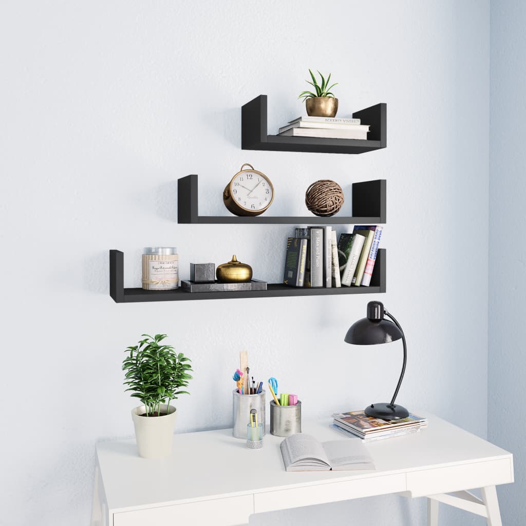 Wandschappen 3 st bewerkt hout grijs – afbeelding 1