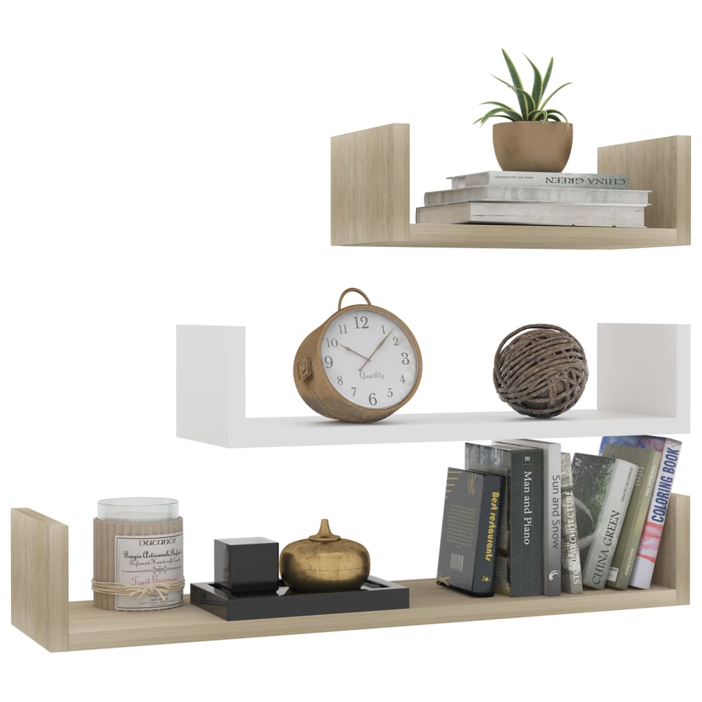 Wandschappen 3 st bewerkt hout wit en sonoma eikenkleur – afbeelding 3