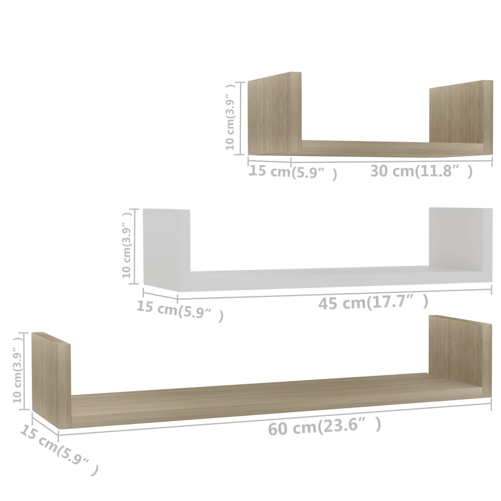 Wandschappen 3 st bewerkt hout wit en sonoma eikenkleur – afbeelding 6