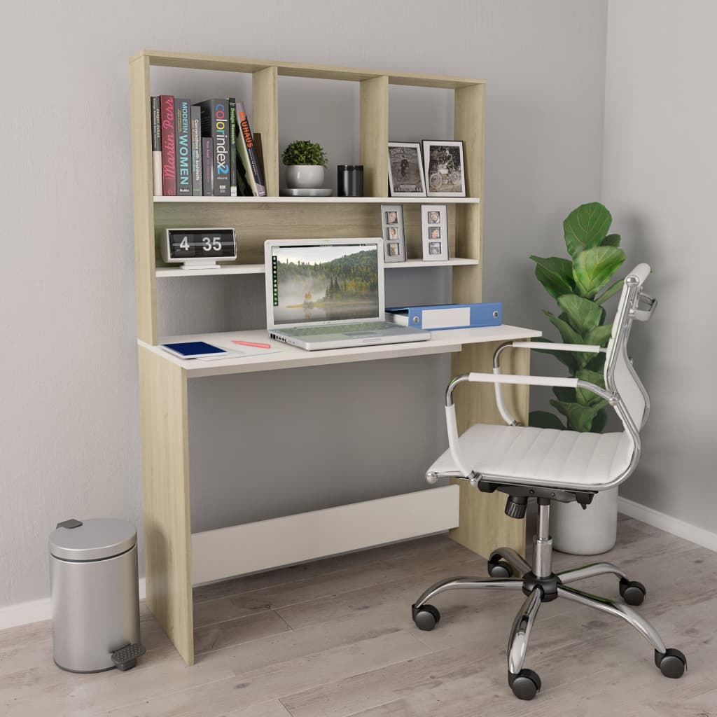 Bureau met schappen 110x45x157cm bewerkt hout wit en eikenkleur