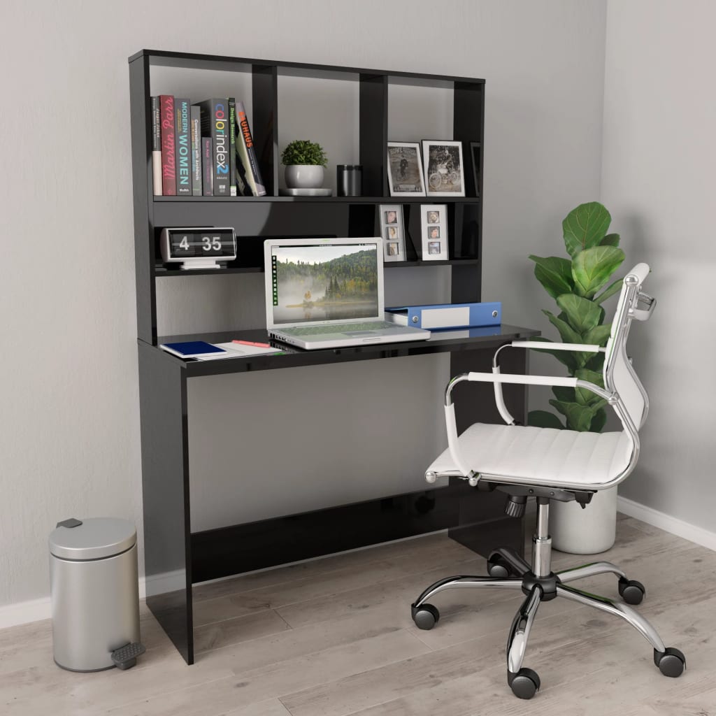 Bureau met schappen 110x45x157 cm bewerkt hout hoogglans zwart
