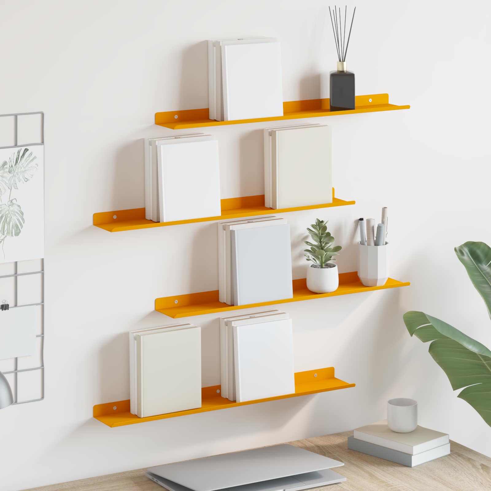Drijvende plank 4 pcs Mosterdgeel 60 x 8,5 x 2,5 cm Staal