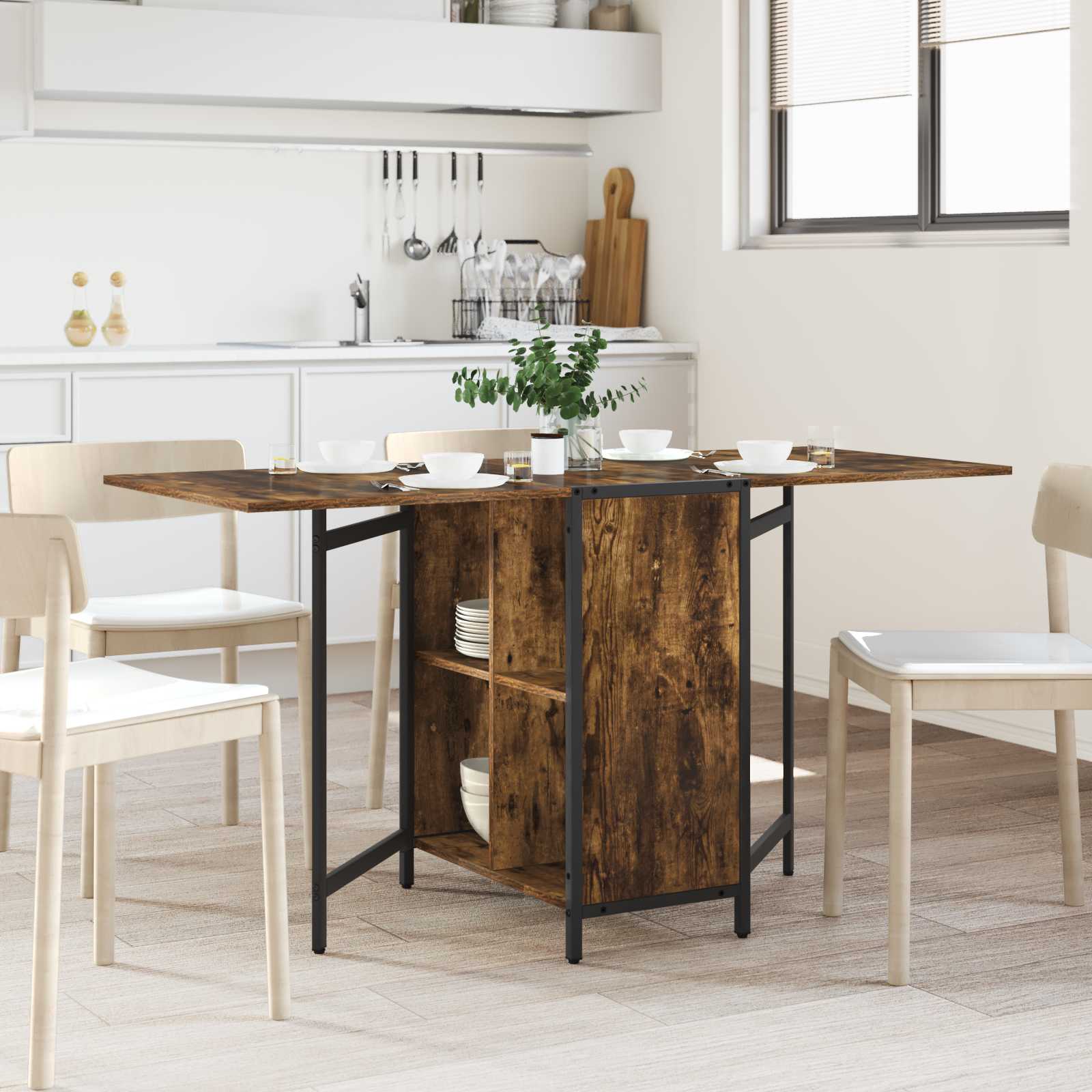 Eettafel 144 x 60 x 75 cm Bewerkt hout Gerookt eiken – afbeelding 1