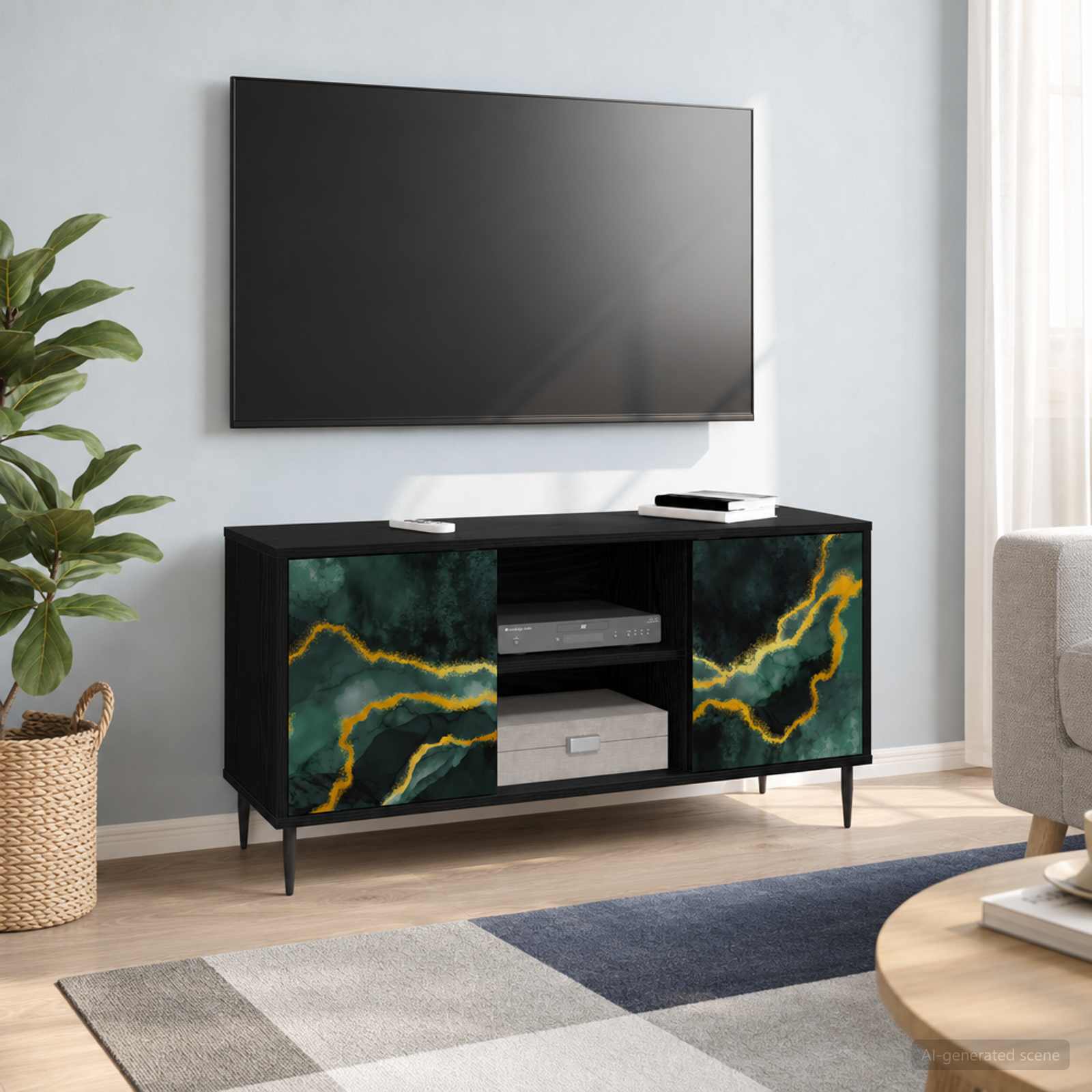 Tv-meubel WIJHE 102 x 33 x 51 cm Zwart eiken Bewerkt hout