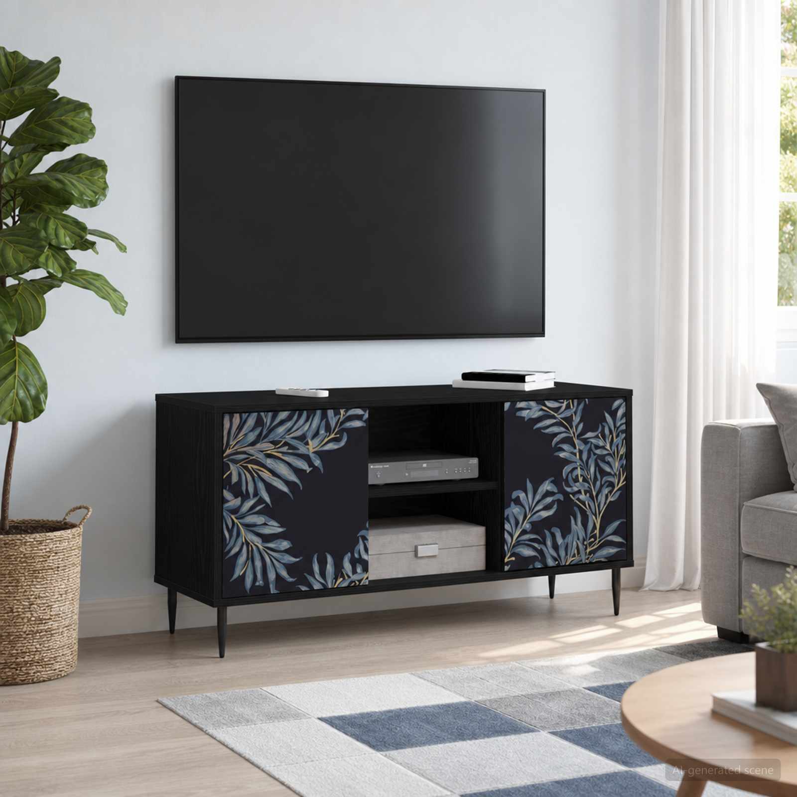 Tv-meubel DOKKUM 102 x 33 x 51 cm Zwart eiken Bewerkt hout