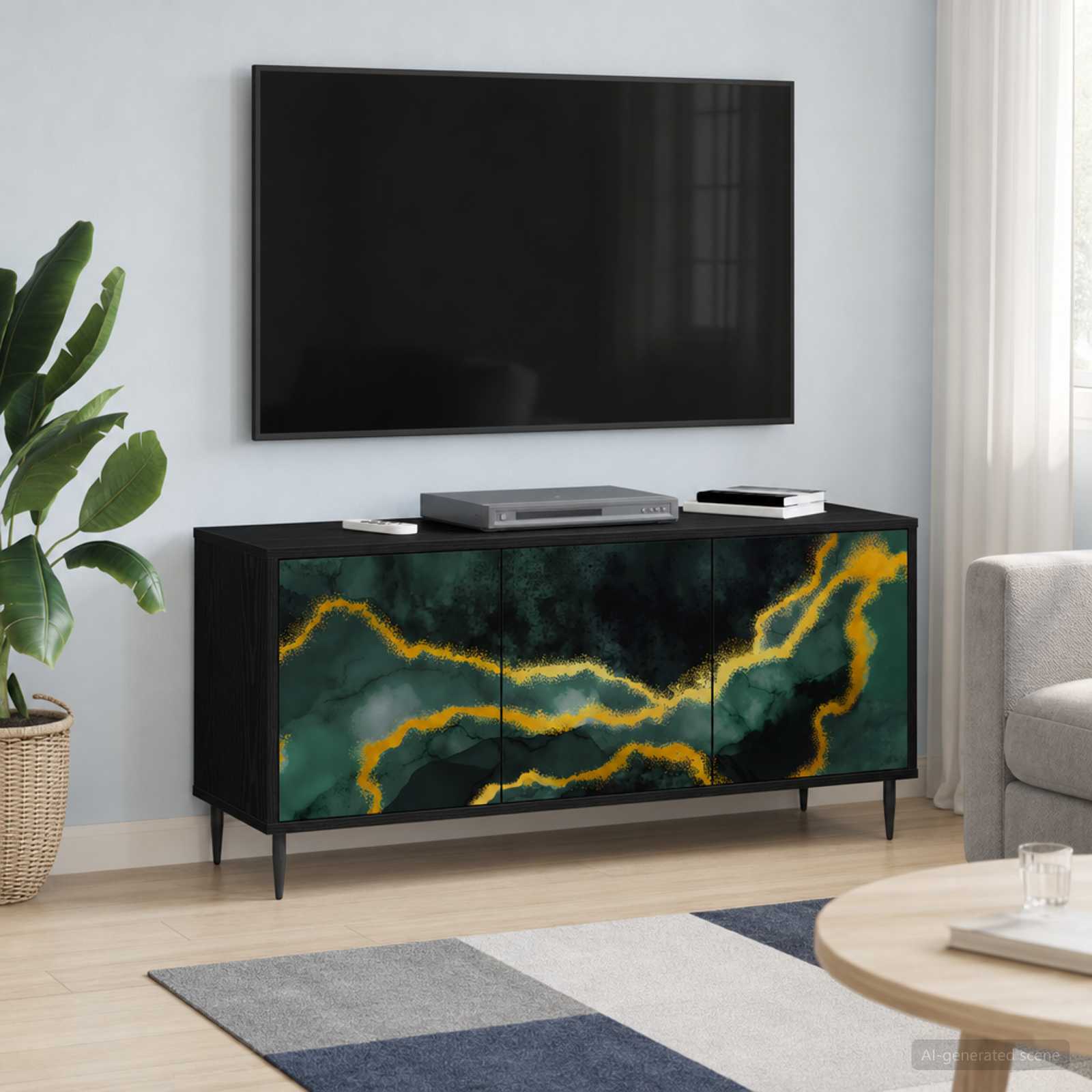 Tv-meubel WIJHE 102 x 33 x 51 cm Zwart eiken Bewerkt hout