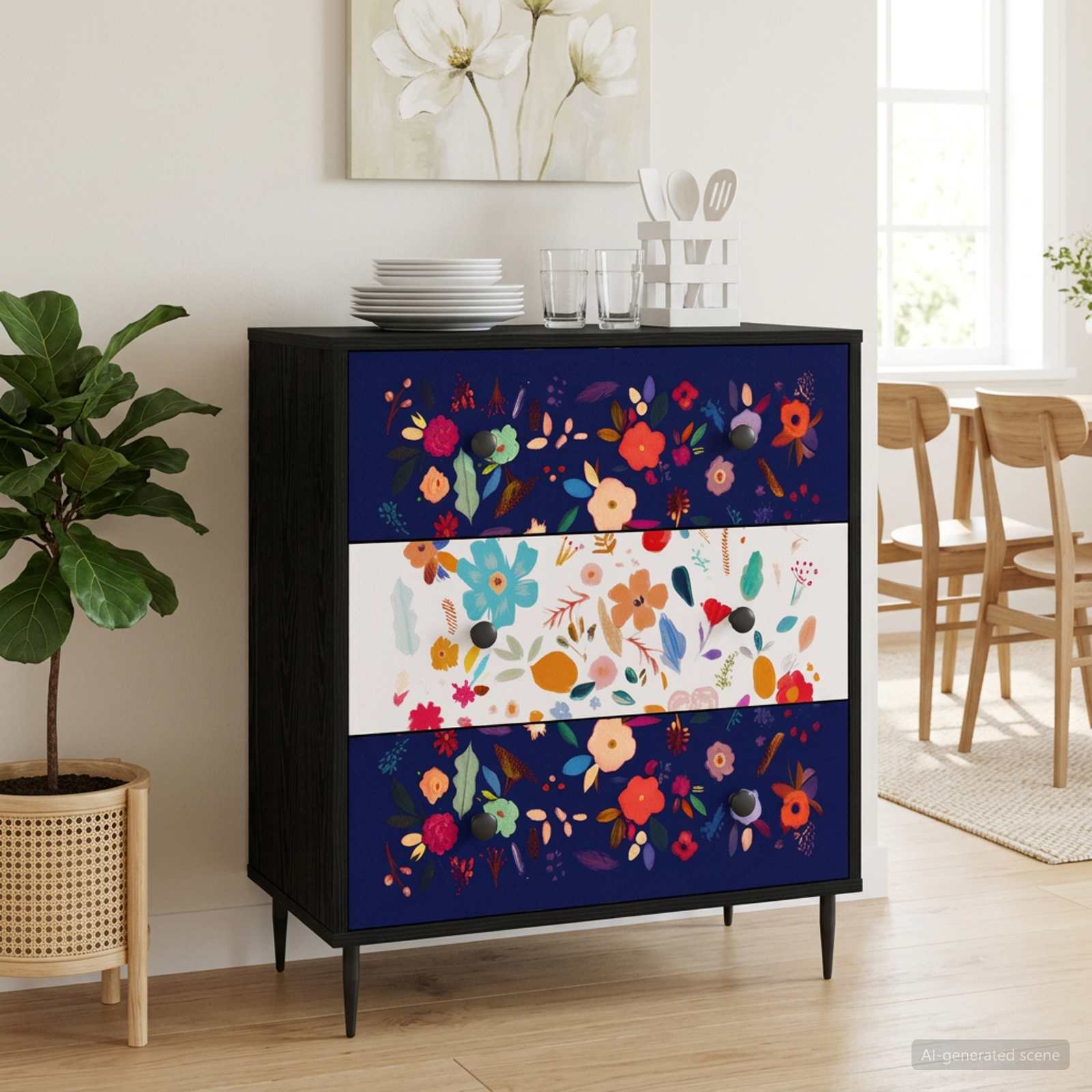 Ladekast MAINZ Bloemenprint 66 x 36,5 x 76 cm Bewerkt hout