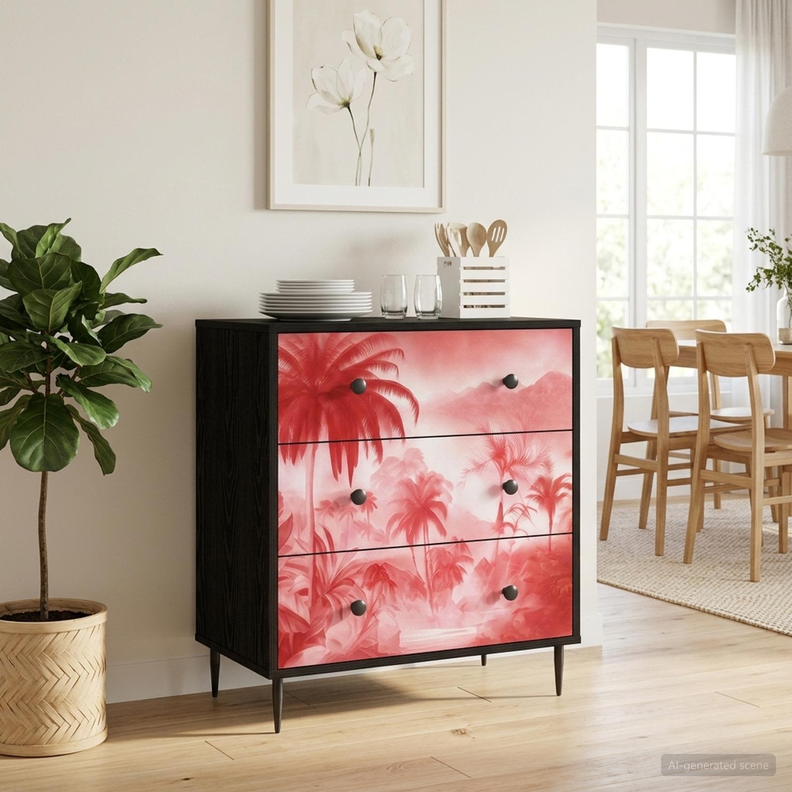 Ladekast AACHEN Roze palmbomenprint 66 x 36,5 x 76 cm