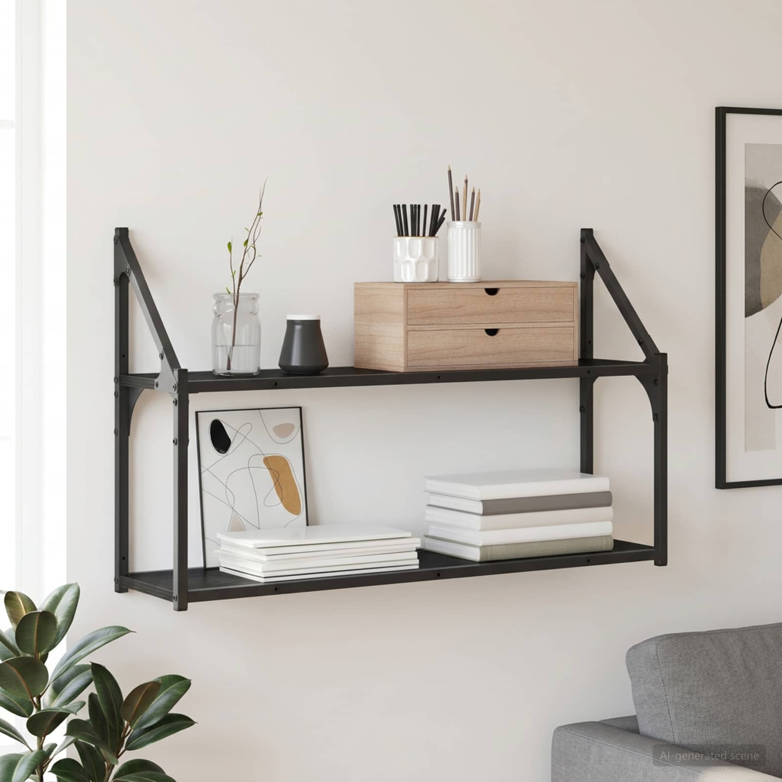 Wandplank Muurmontage Zwart eiken 80 x 21 x 51 cm metaal PB