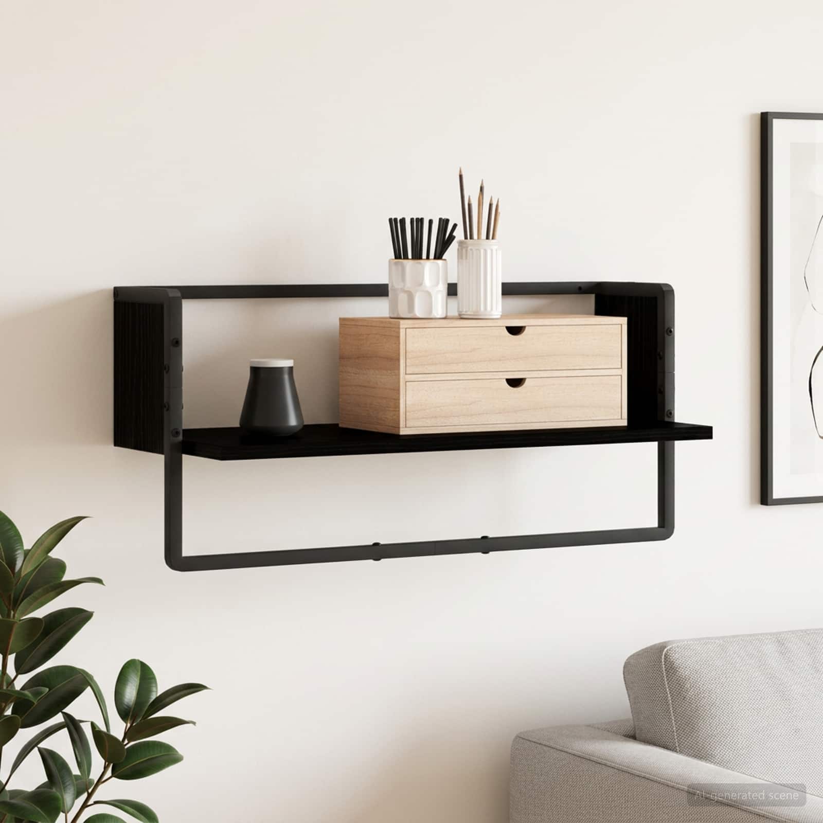 Wandplank Muurmontage Zwart eiken 65 x 25 x 30 cm metaal PB