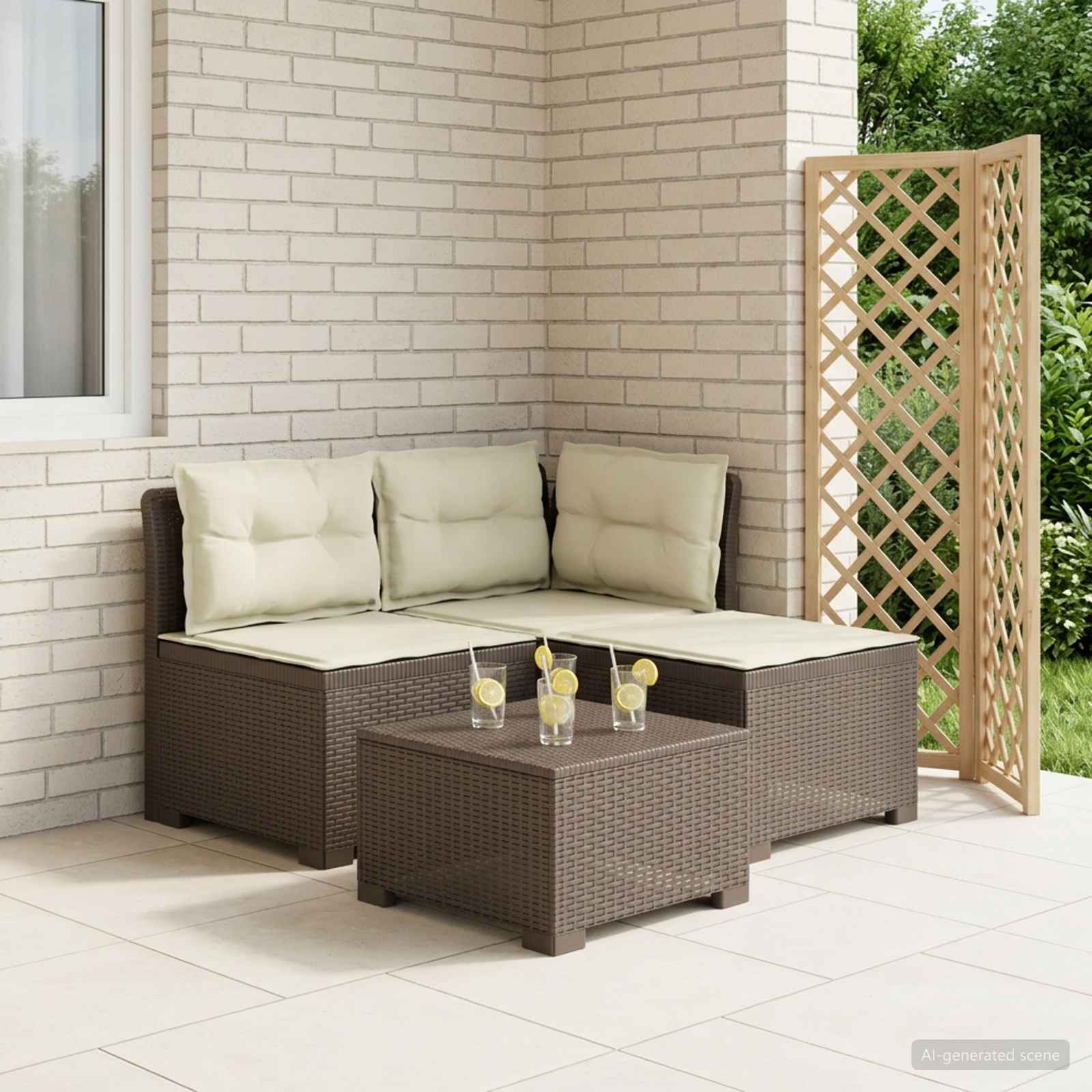 3-zits tuinbank met kussens in rattanlook PP Lichtgrijs