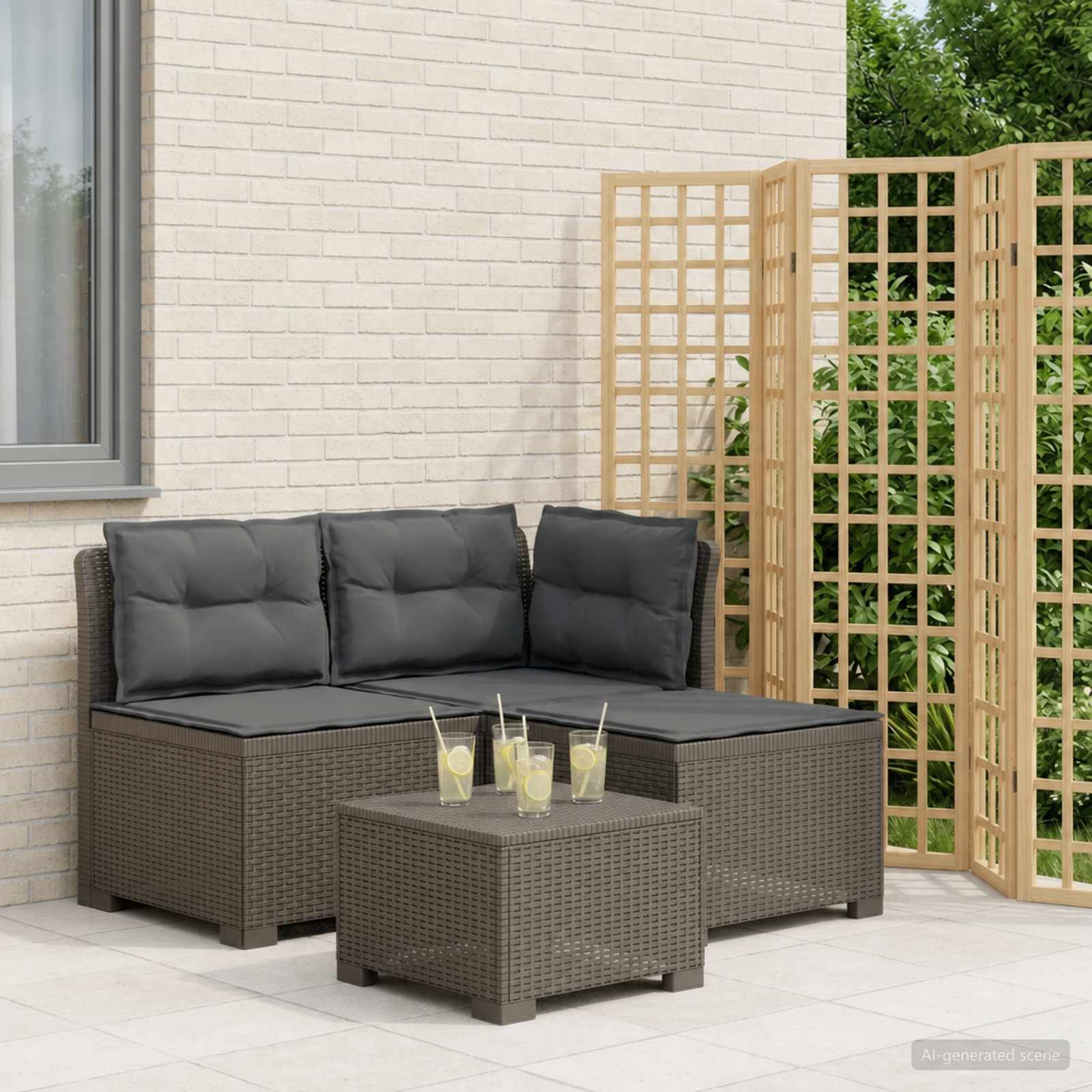 3-zits tuinbank met kussens in rattanlook PP Lichtgrijs