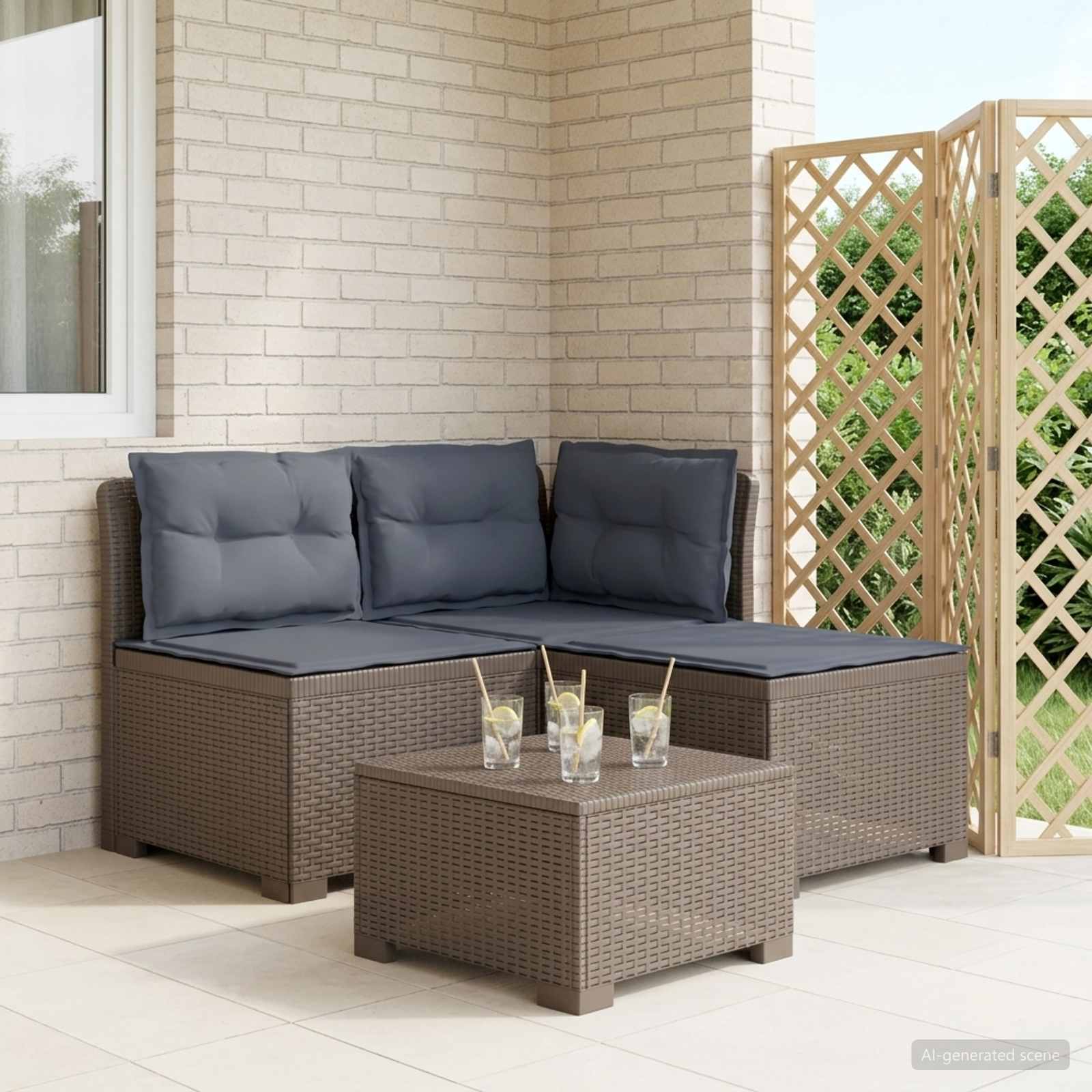 3-zits tuinbank met kussens in rattanlook PP Lichtgrijs – afbeelding 1