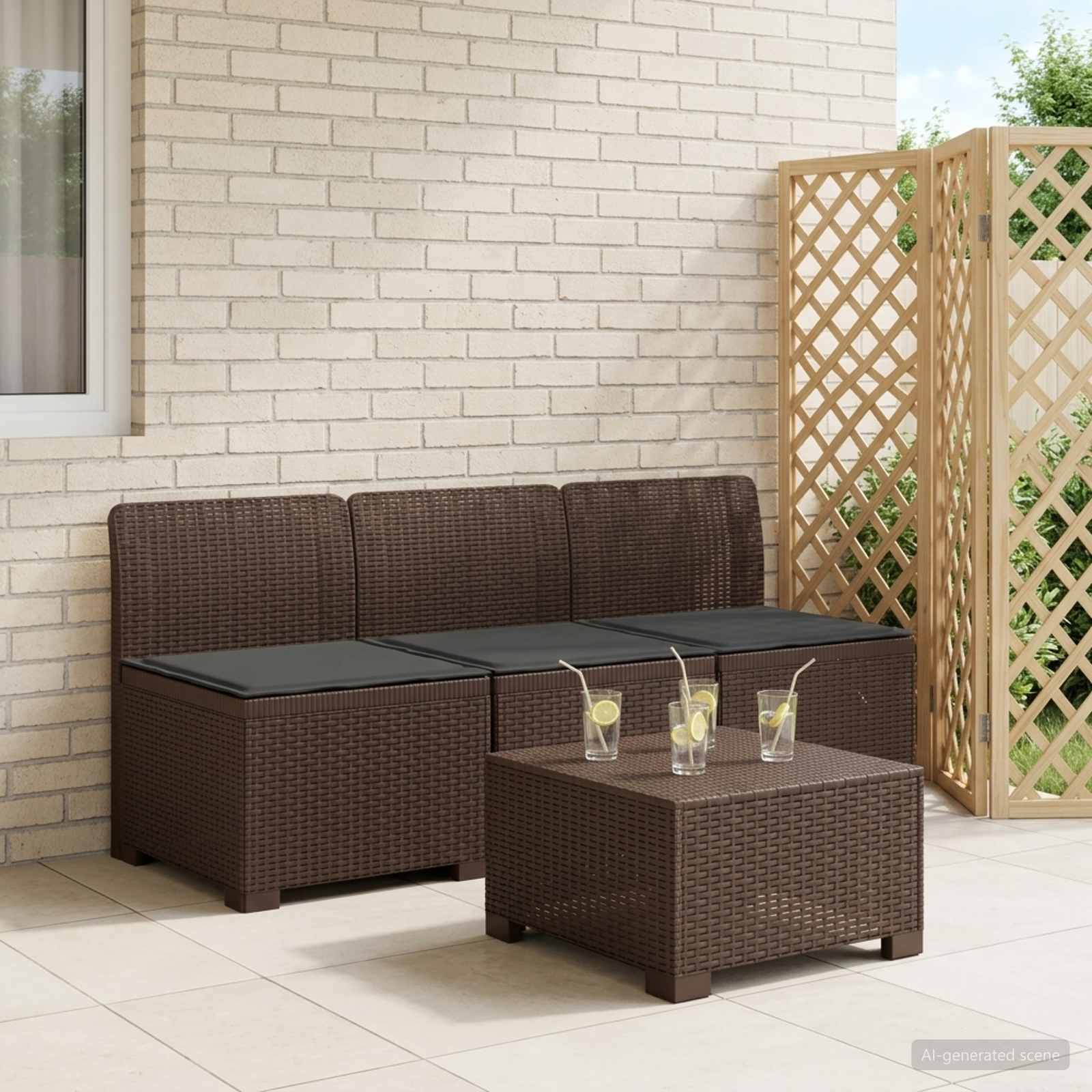 3-zits tuinbank met kussens in rattanlook PP Bruin