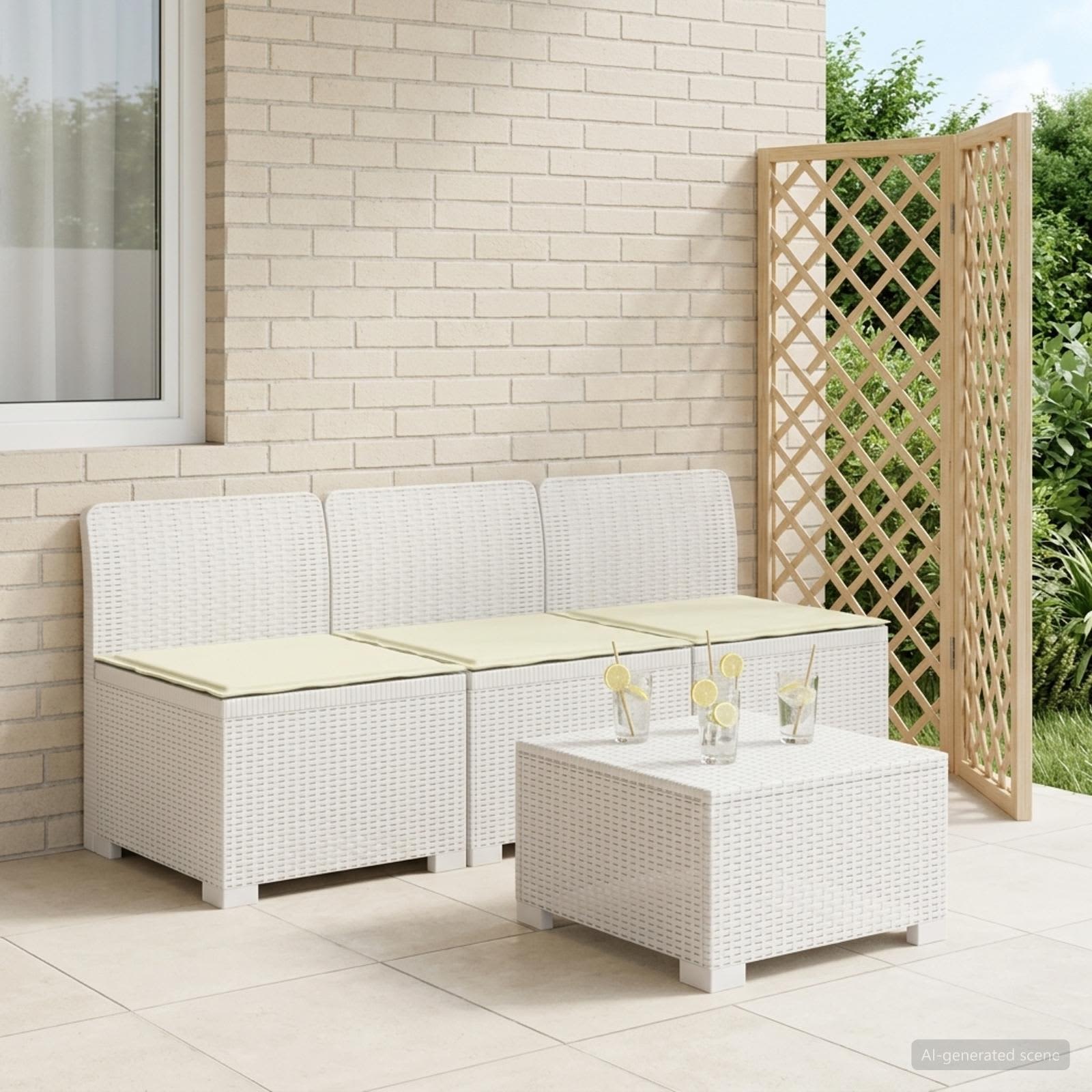 3-zits tuinbank met kussens in rattanlook PP Wit – afbeelding 1