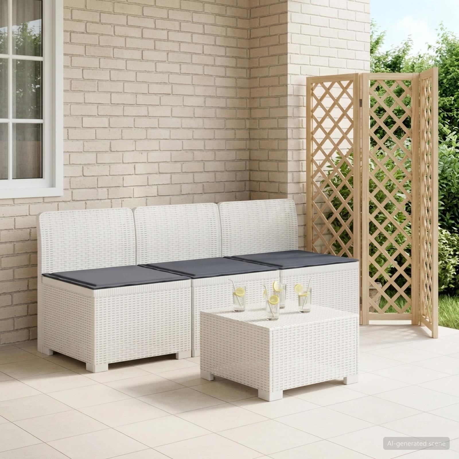 3-zits tuinbank met kussens in rattanlook PP Wit – afbeelding 1