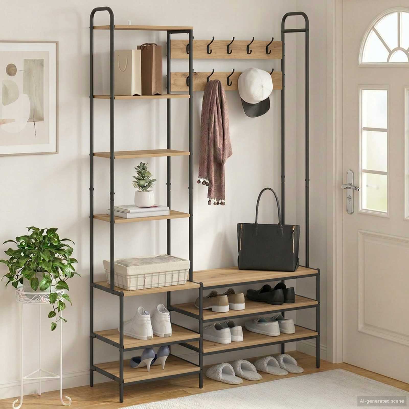 Kapstok met schoenenbank Artisanaal eiken 120,5 x 34 x 190 cm