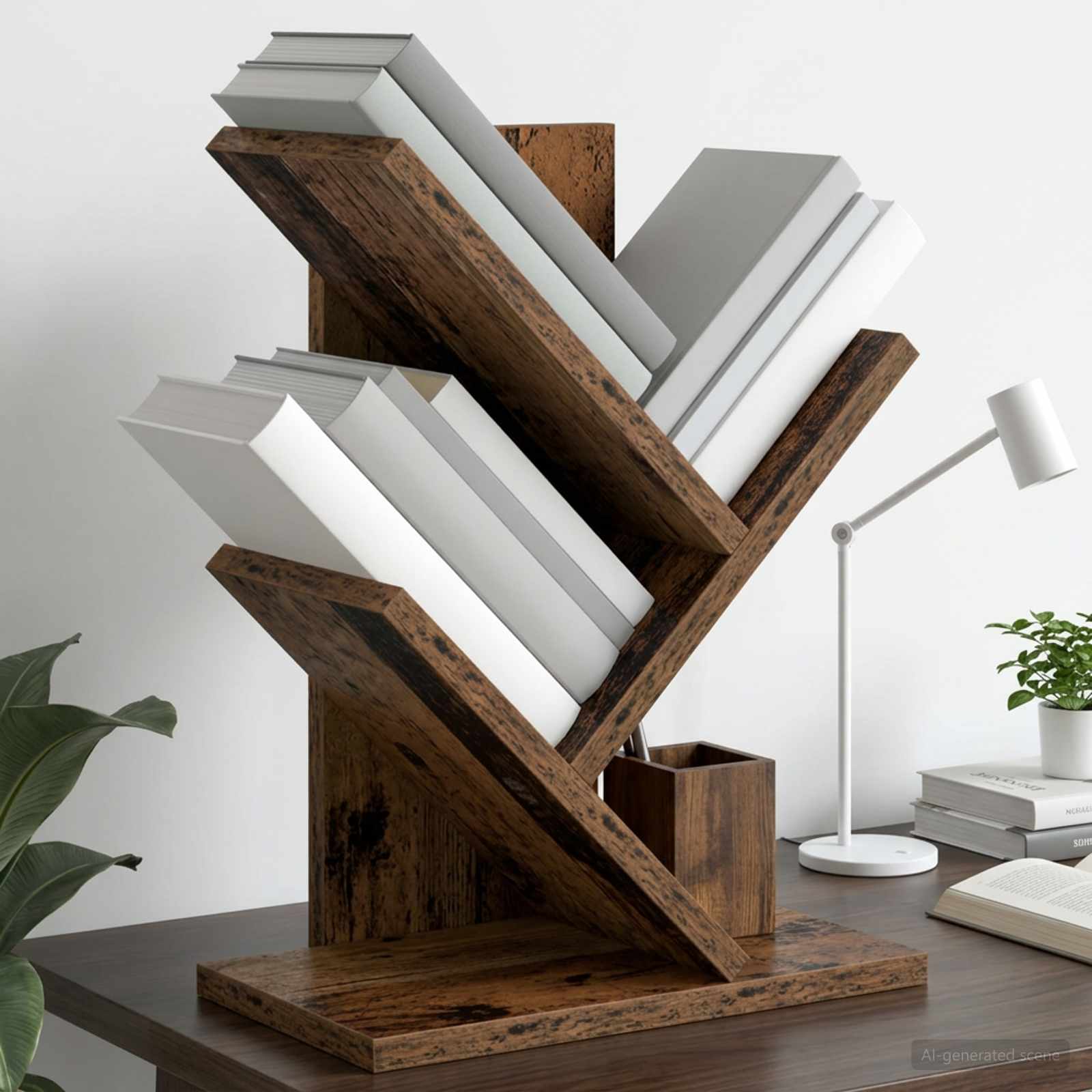 Boomvormige boekenplank met 3 planken 30 x 18 x 40 cm Oud hout