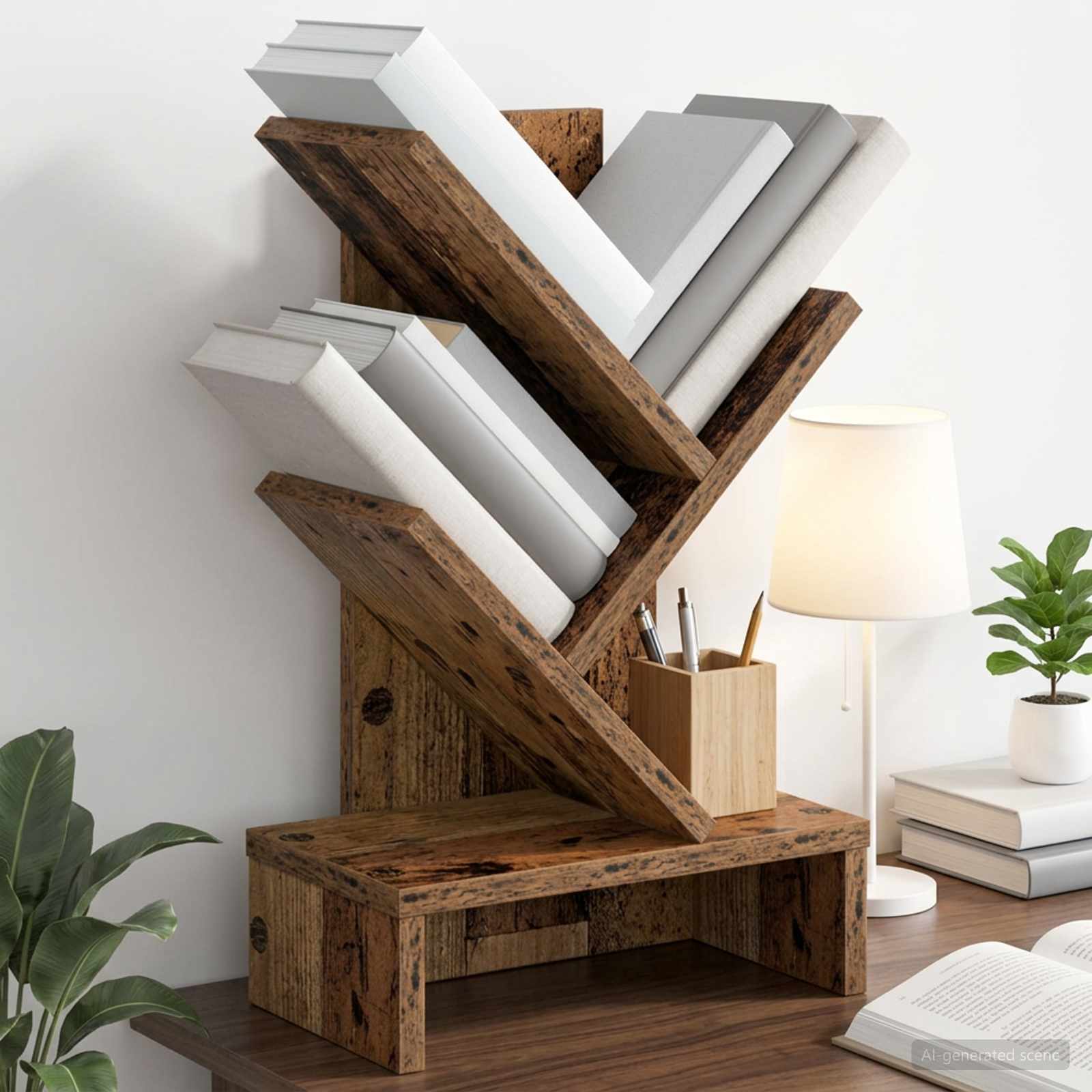 Boomvormige boekenplank met 3 planken 30 x 18 x 48 cm Oud hout