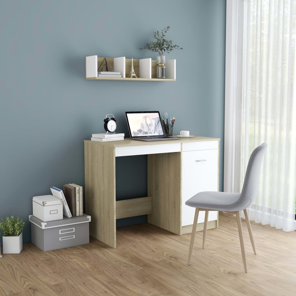 Bureau 100x50x76 cm bewerkt hout wit en sonoma eikenkleurig