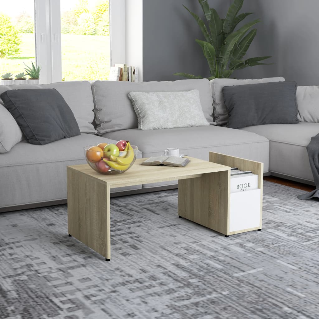 Salontafel 90x45x35 cm bewerkt hout wit en sonoma eikenkleurig – afbeelding 1