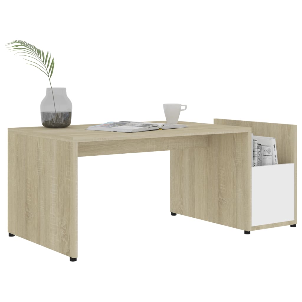 Salontafel 90x45x35 cm bewerkt hout wit en sonoma eikenkleurig – afbeelding 3