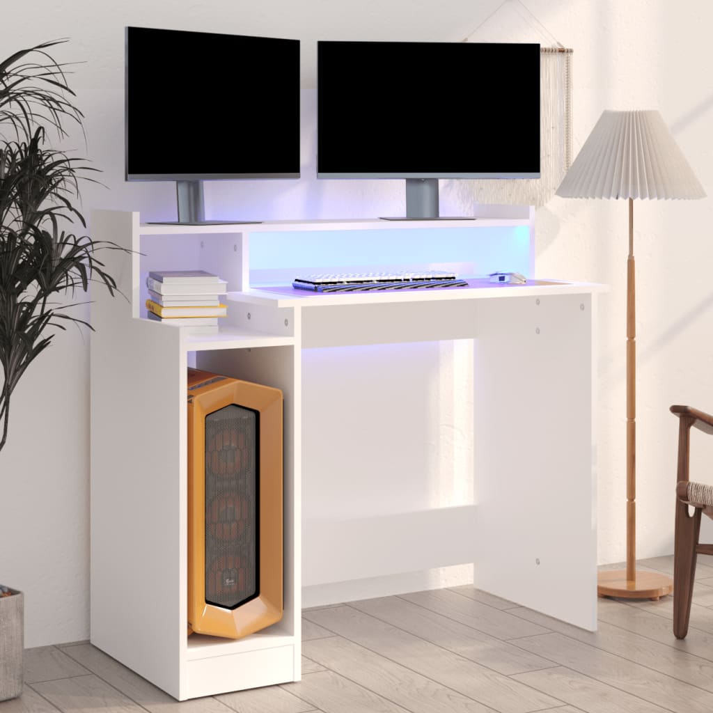 Bureau met LED-verlichting 97x45x90 cm bewerkt hout wit