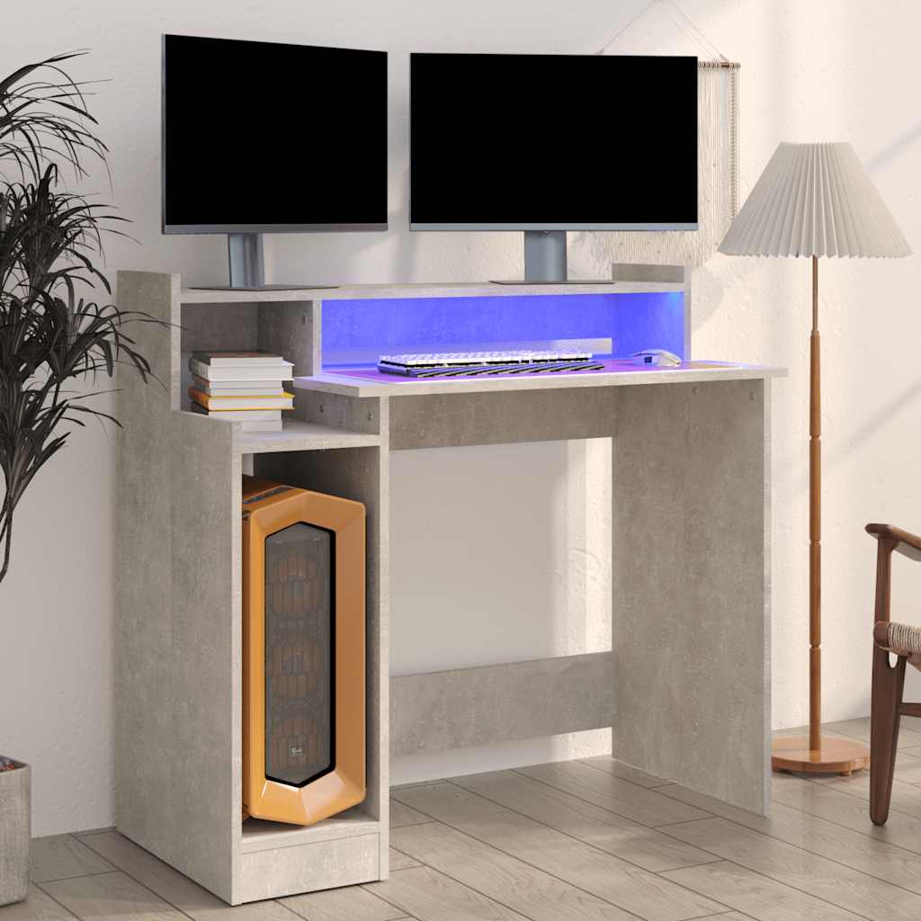 Bureau met LED-verlichting 97x45x90 cm bewerkt hout betongrijs