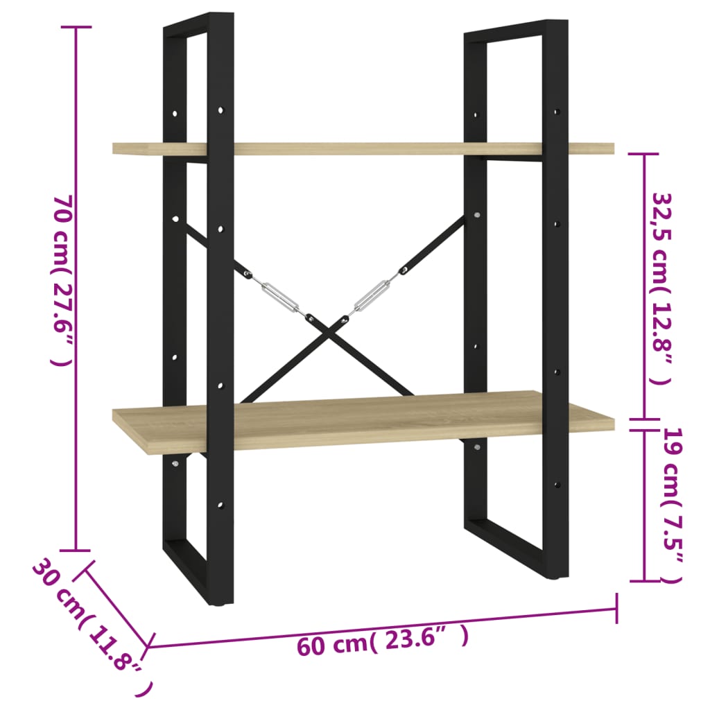 Boekenkast met 2 schappen 60x30x70 cm bewerkt hout sonoma eiken – afbeelding 7