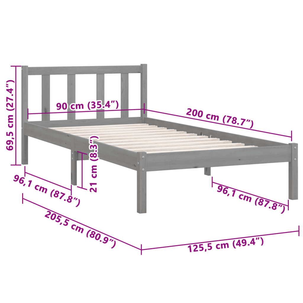 Bedframe massief grenenhout grijs 90x200 cm – afbeelding 9