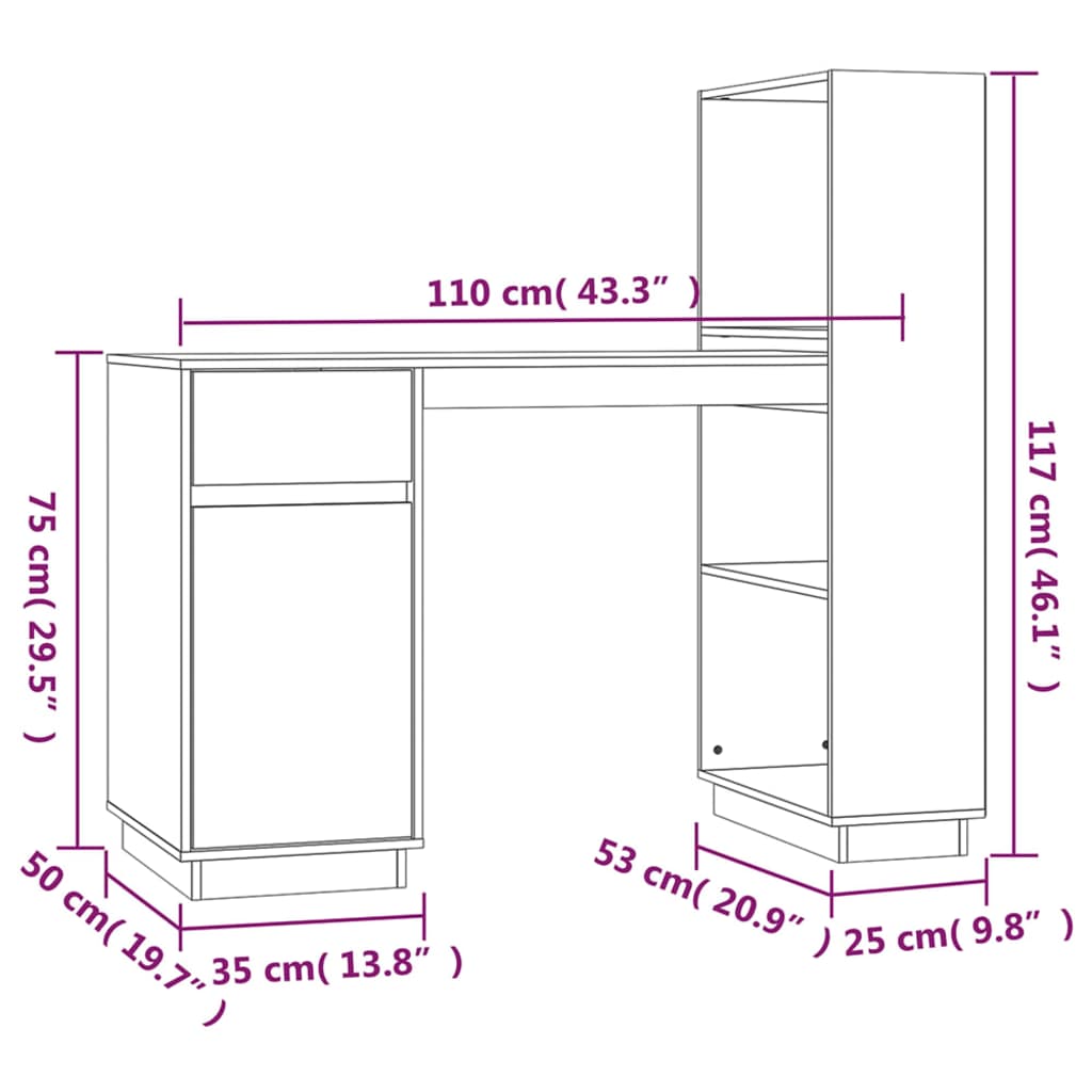 Bureau 110x53x117 cm massief grenenhout wit – afbeelding 11