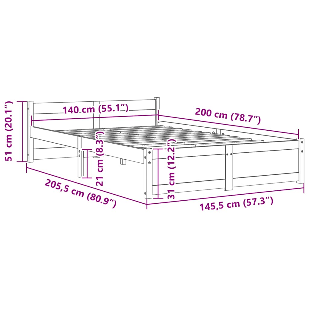 Bedframe zonder matras massief hout 140x200 cm – afbeelding 9