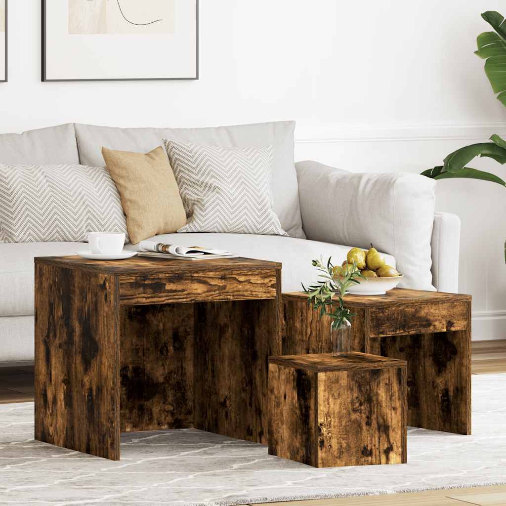 3-delige Tafeltjesset bewerkt hout gerookt eikenkleurig