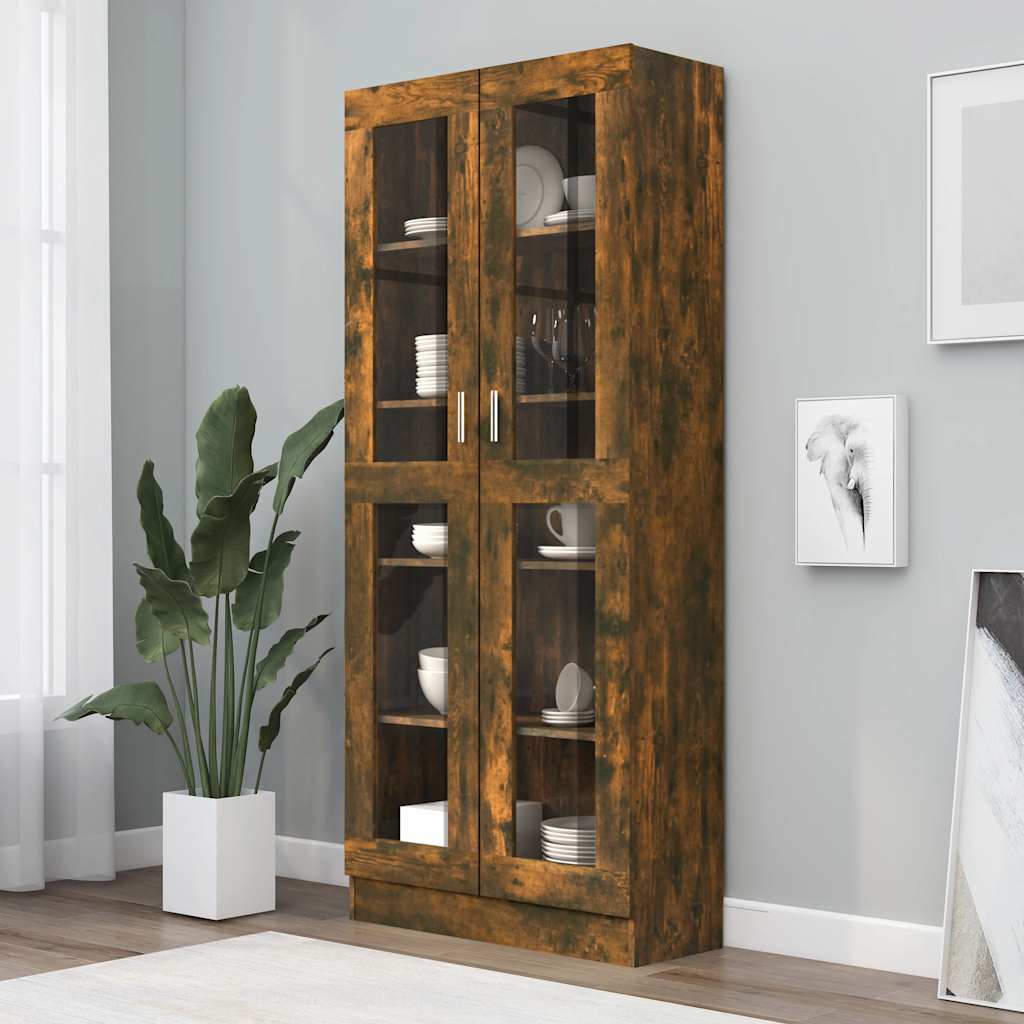 Vitrinekast 82,5x30,5x185 cm bewerkt hout gerookt eikenkleur