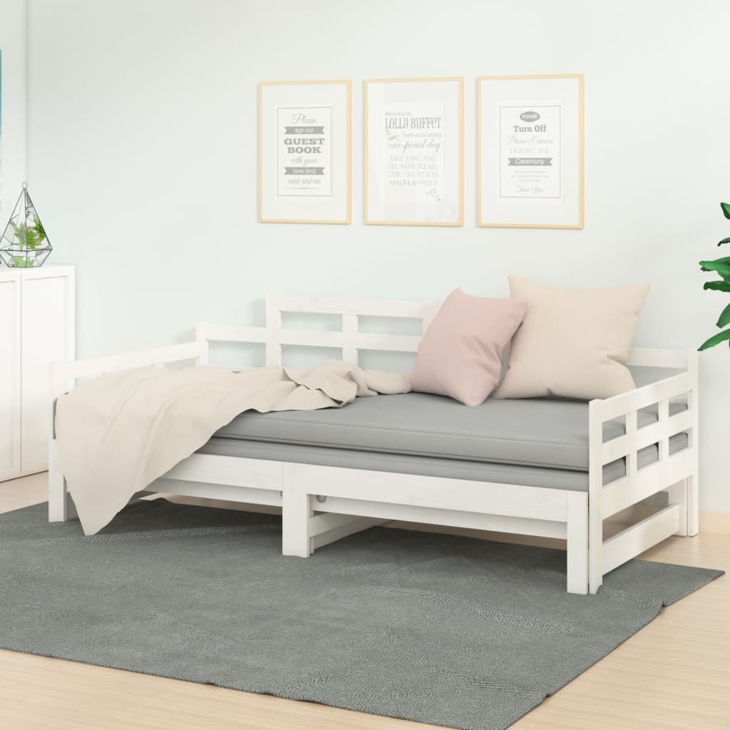 Slaapbank uitschuifbaar massief grenenhout wit 2x(90x190) cm – afbeelding 1