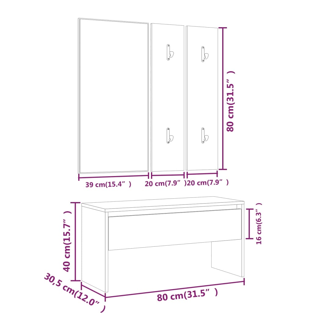 Garderobe set bewerkt hout grijs sonoma eikenkleurig – afbeelding 8