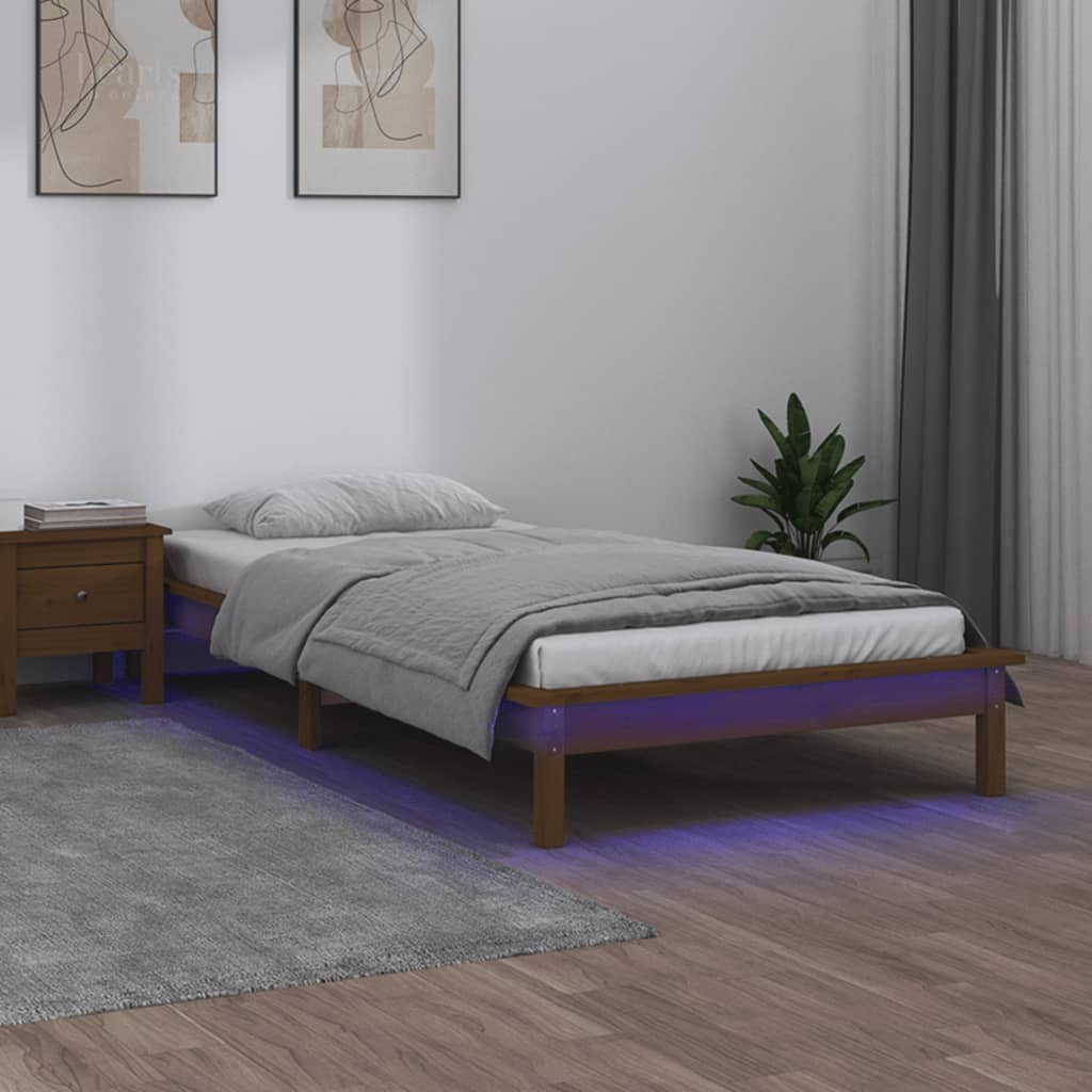 Bedframe LED massief hout honingbruin 90x200 cm – afbeelding 1
