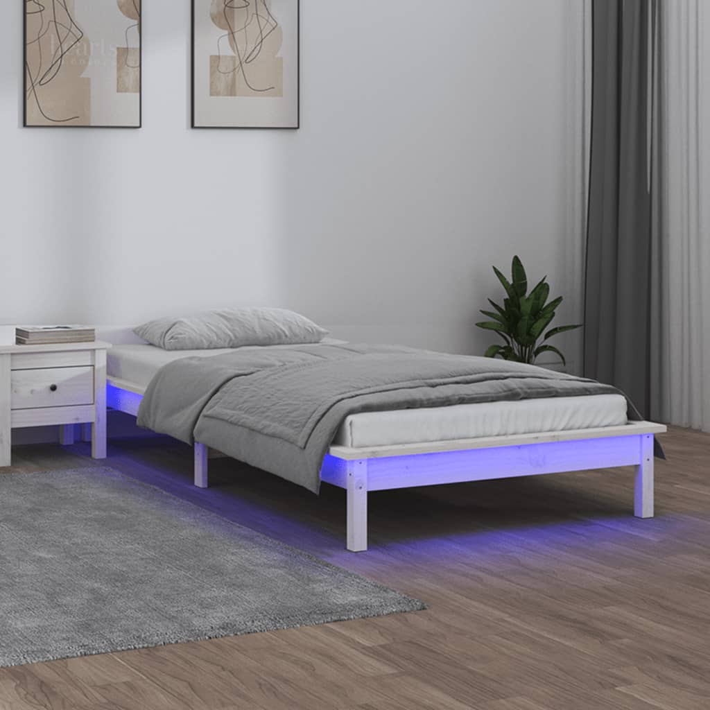Bedframe LED massief hout wit 100x200 cm – afbeelding 1