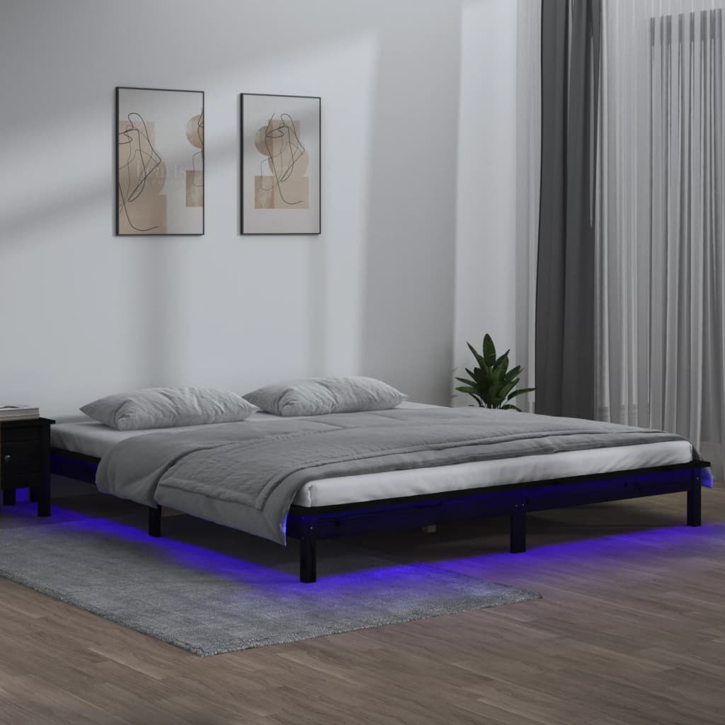 Bedframe LED massief hout zwart 200x200 cm – afbeelding 1