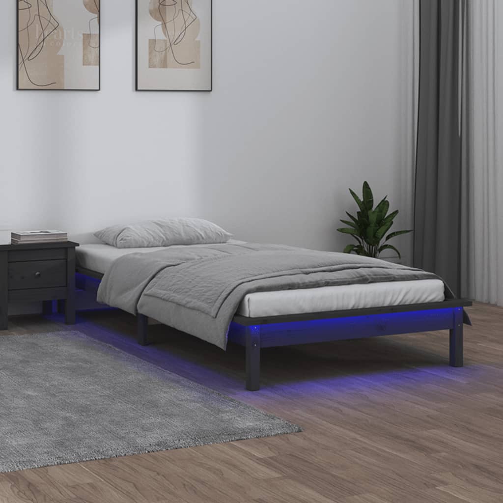 Bedframe LED massief hout grijs 75x190 cm 2FT6 – afbeelding 1