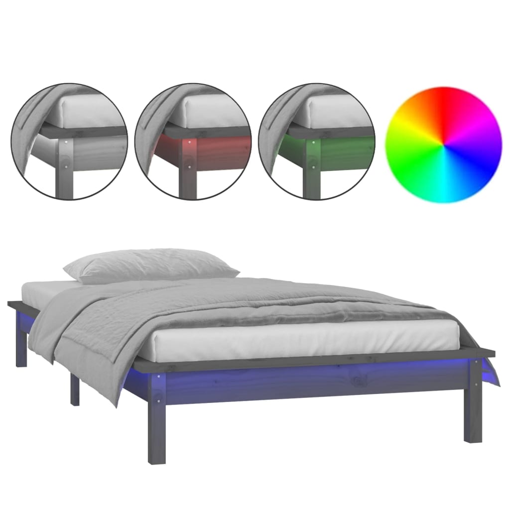 Bedframe LED massief hout grijs 75x190 cm 2FT6 – afbeelding 2