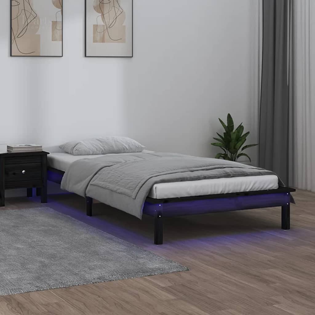 Bedframe LED massief hout zwart 90x190 cm – afbeelding 1