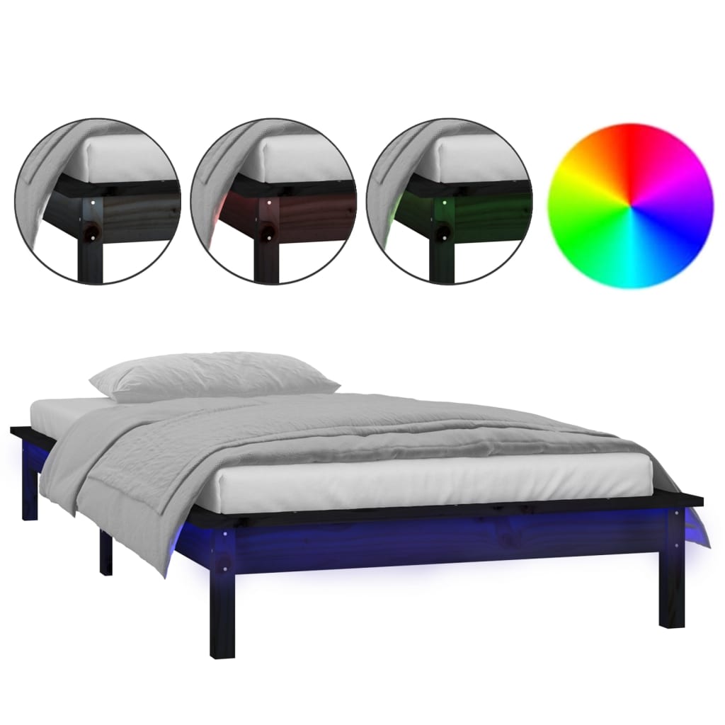 Bedframe LED massief hout zwart 90x190 cm – afbeelding 2