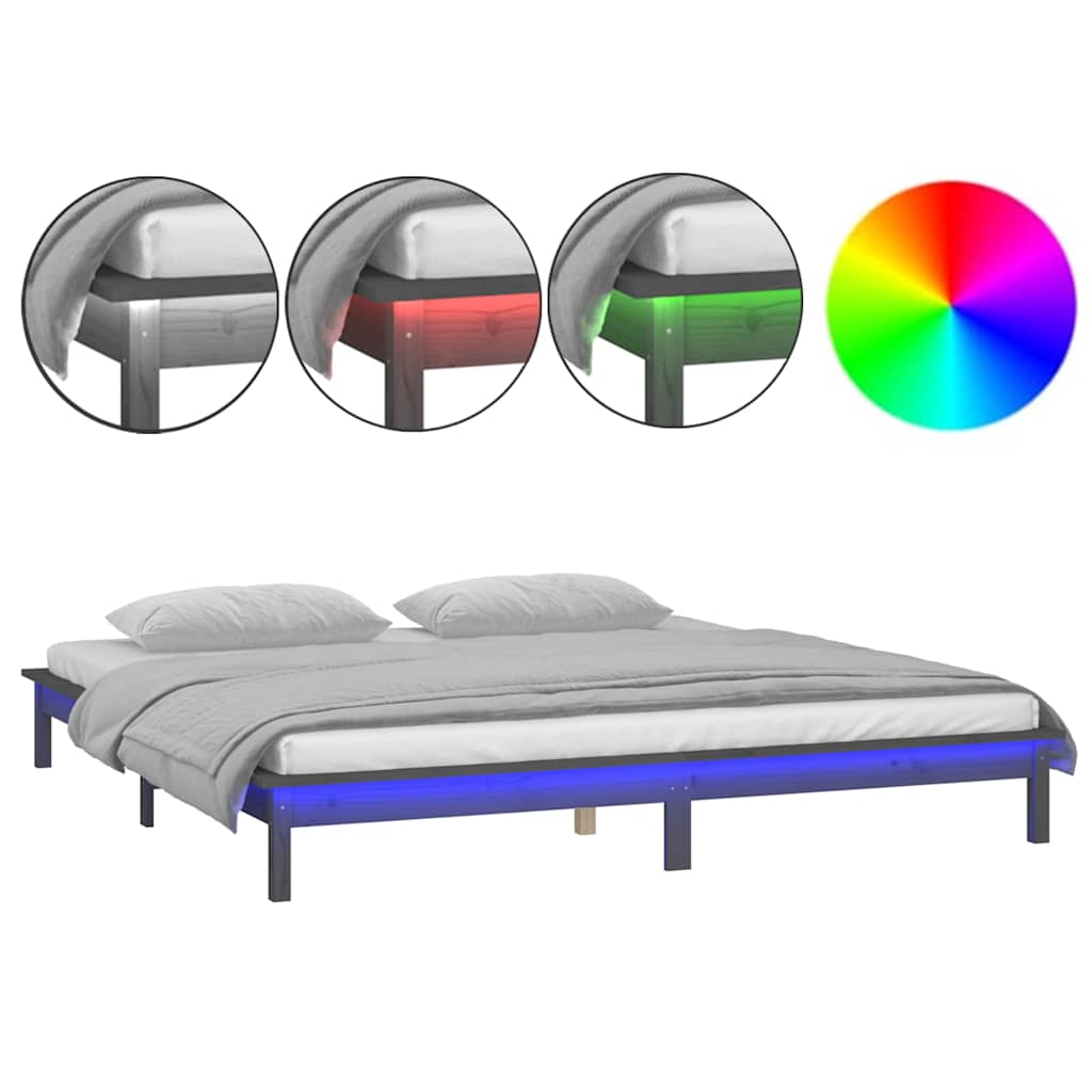Bedframe LED massief hout grijs 120x190 cm – afbeelding 2