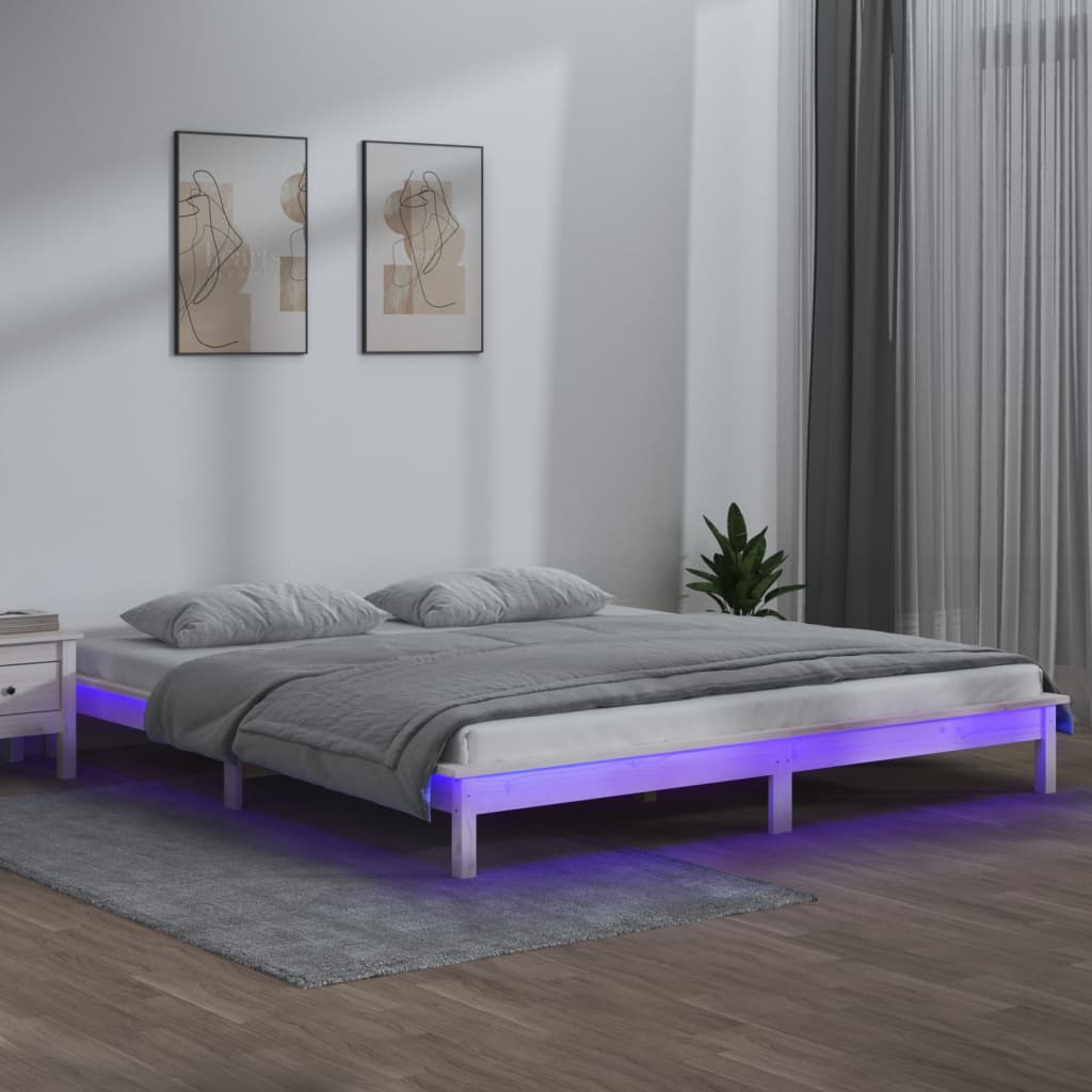 Bedframe LED massief hout wit 140x190 cm – afbeelding 1