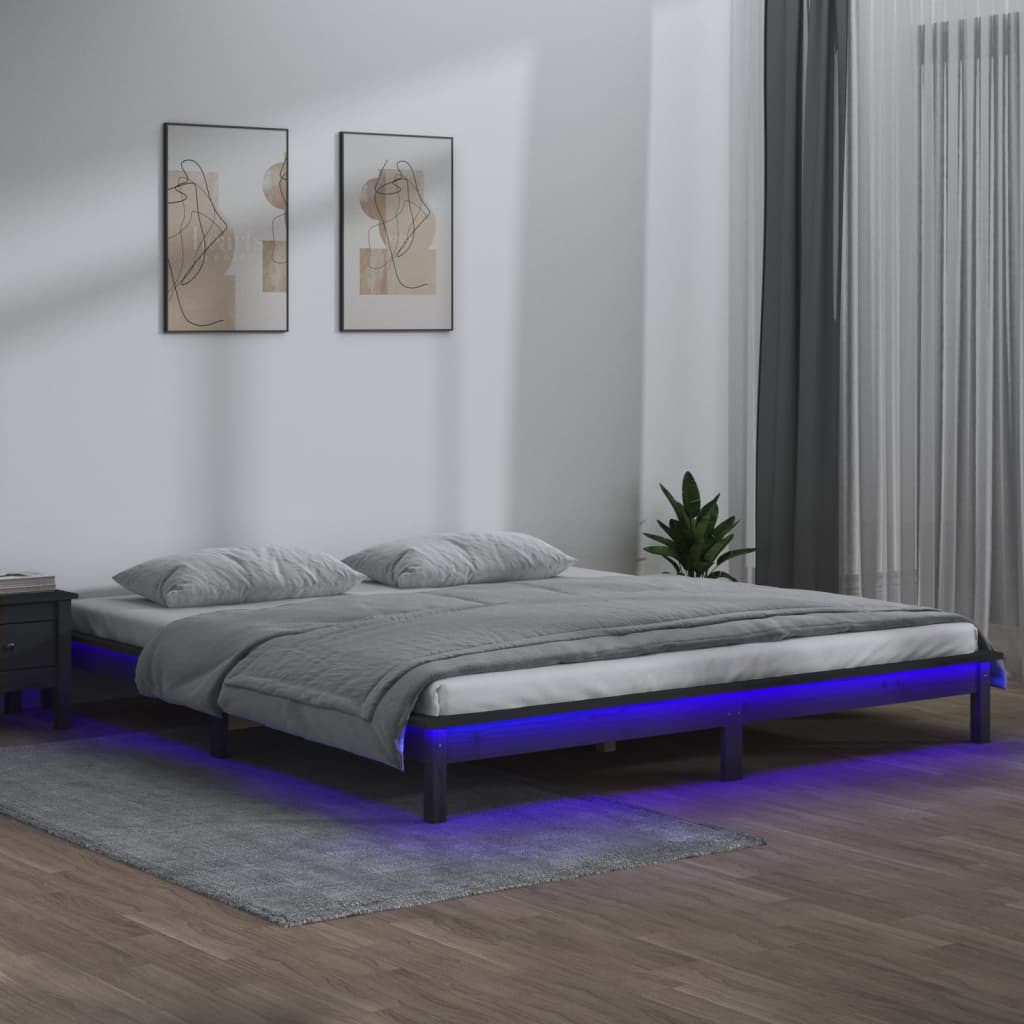 Bedframe LED massief hout grijs 140x190 cm – afbeelding 1
