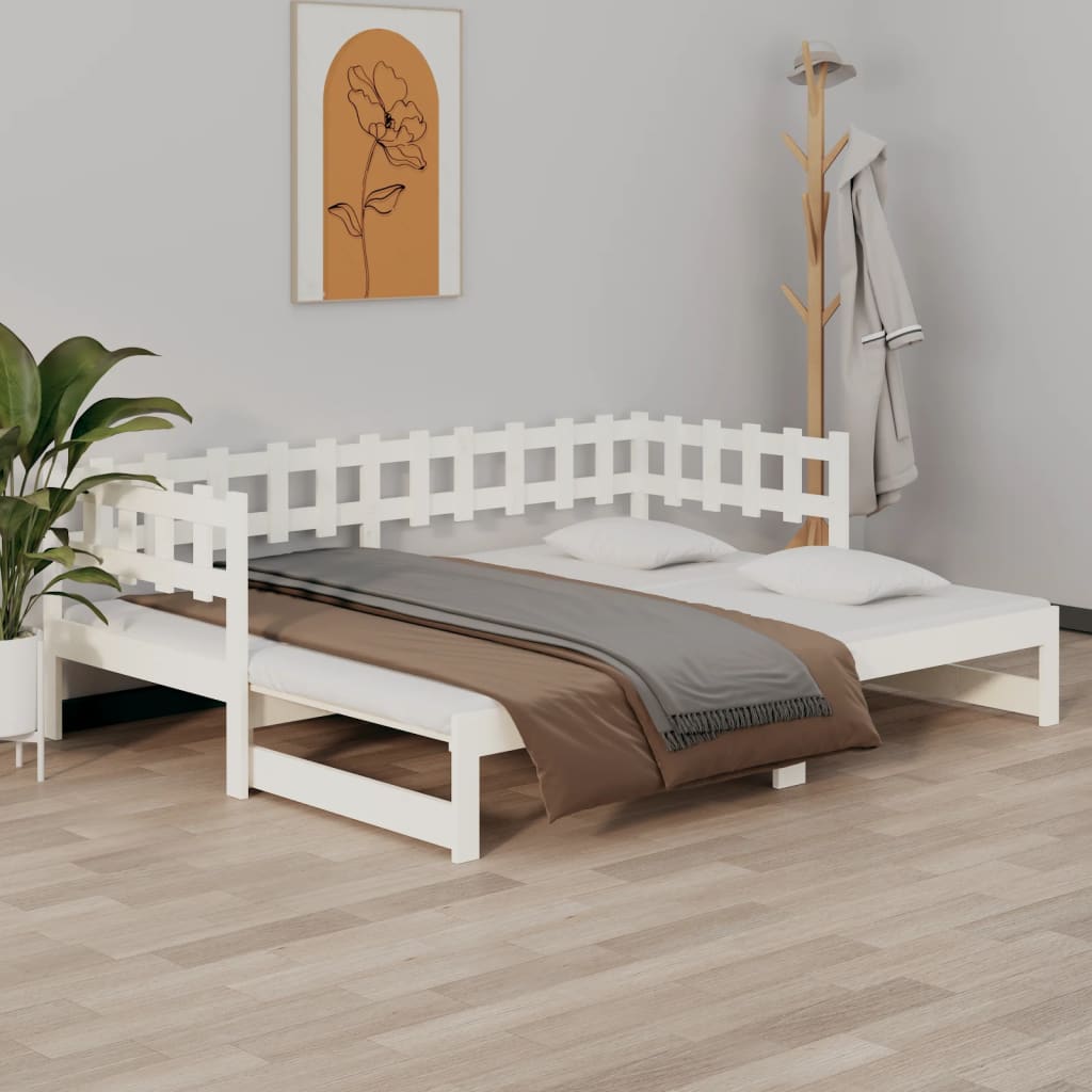 Slaapbank uitschuifbaar massief grenenhout wit 2x(90x190) cm – afbeelding 1