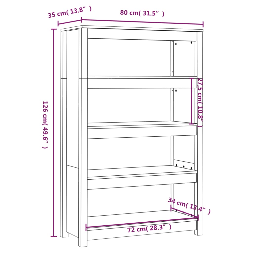 Boekenkast 80x35x126 cm massief grenenhout zwart – afbeelding 8